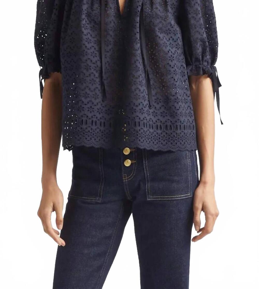 NEW ULLA JOHNSON alouette eyelet puff shoulder top in midnight